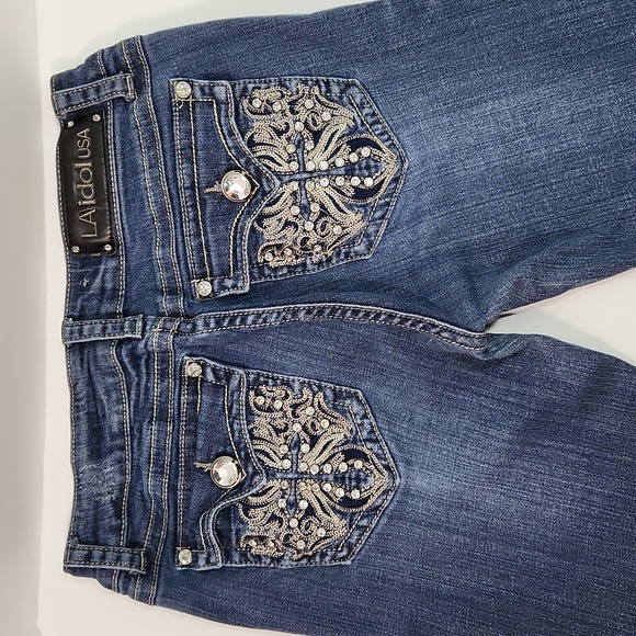 L.A. idol Denim - L.A. Idol Boot Cut Rhinestone Distressed Skinny Long Tall Jeans (Size 9 - 31x34)